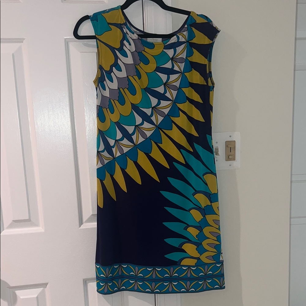 Donna Morgan shift dress geometric, Colorful Patterned Sleeveless blue green